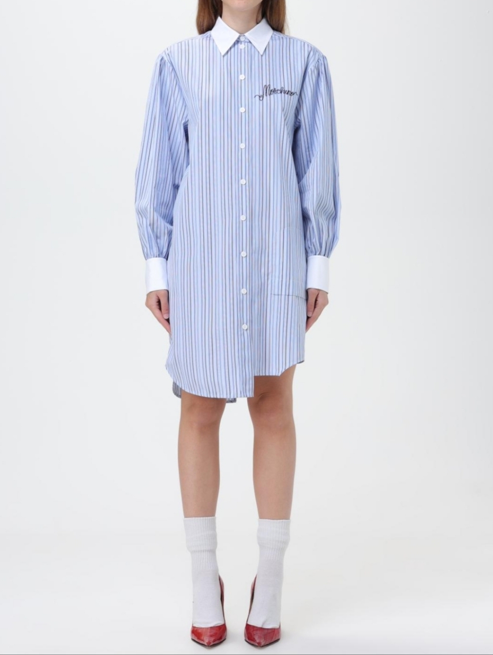Moschino Couture!  Light Blue & White Striped Asymmetrical Shirt Dress